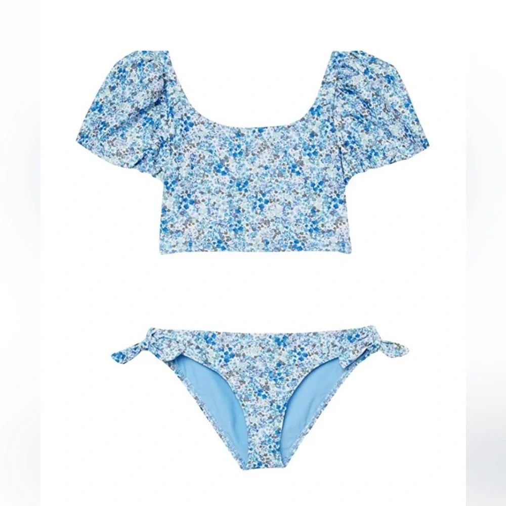 Splendid Blue Floral Longline Puff Sleeve Bikini Top - Size Large